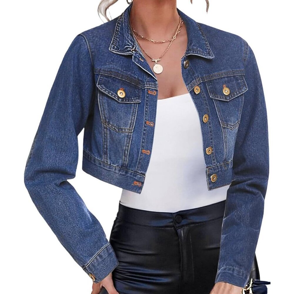 Women's Cropped Denim Jacket Long Sleeve Distressed Casual Button Down